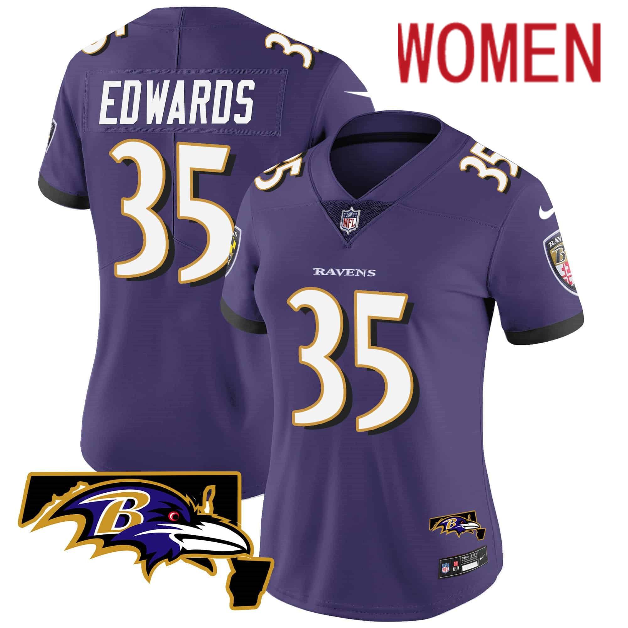 Women Baltimore Ravens 35 Edwards Purple 2024 Nike Maryland Patch Vapor Limited NFL Jersey style 1